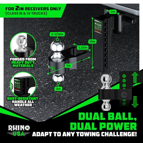 Image of Rhino USA Adjustable Trailer Hitch (2-Inch Receiver) - Heavy Duty Aluminum Tow Hitches with 8-Inch Drop /Rise for Truck (12,500 LBS GTW) - Weatherproof Double Anti-Theft Locking Hitch Pins (Black)