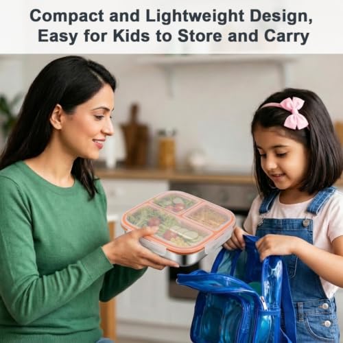 Image of Supvox Steel Tiffin Box for Kids, Snack Box for Kids with Airtight Seal | 3-Compartment Food Container, BPA Free Clear Lid, Portable Bento Box for School Office Travel, 600ml