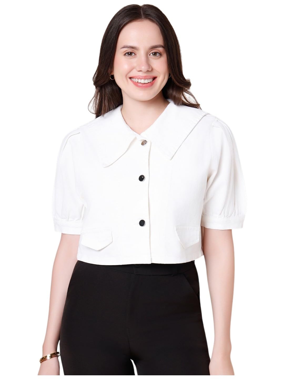 style quotient Women Off White Crop Denim Jacket-picture-10