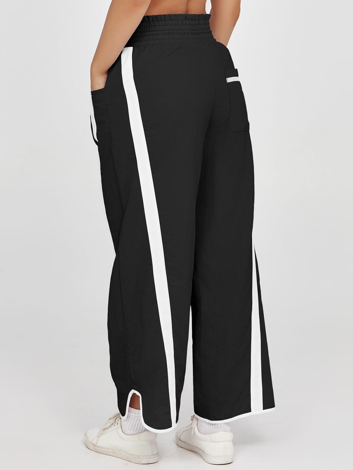 Fisoew Pantaloni da donna con gamba larga e vita elastica Baggy Y2K con coulisse, colori a contrasto, per il tempo libero, con tasche