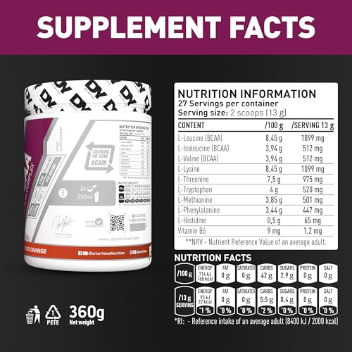 DY Nutrition HIT EAA Essential Amino Acids Complex with BCAAs, L-Lysine & Vitamin B6 | Muscle Repair & Recovery Supplement Intra Workout Powder, 27 Servings, 360g (Blood Orange) - Image 6