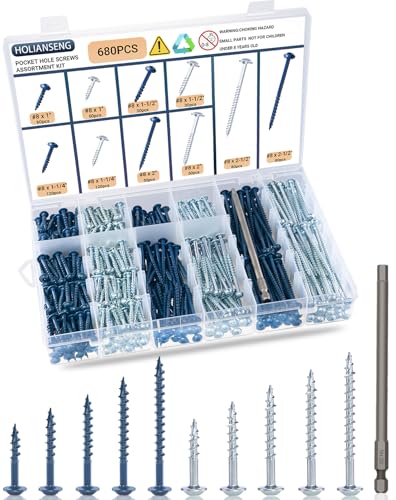 680 pcs Pocket Hole Screws Assortment Kit, 5 Sizes Blue Ceramic Coated and Zinc Coated Pocket Screws, Square Drive Self Tapping Coarse Thread Wood Screws Set, #8 x 1, 1-1/4