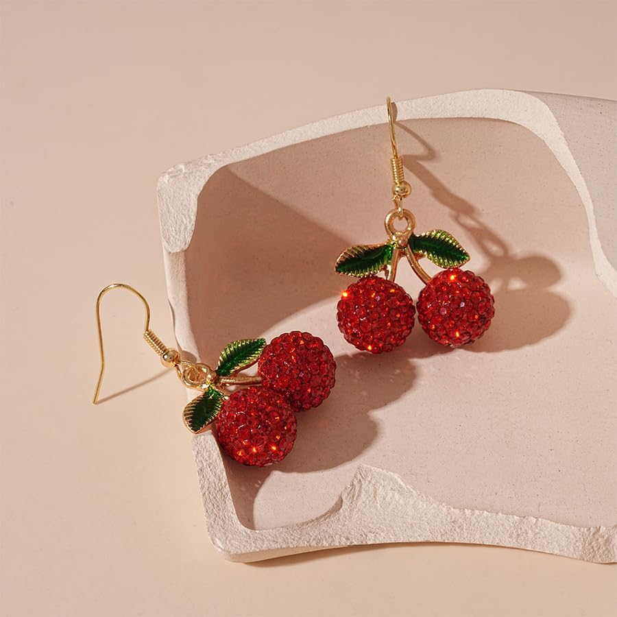 Kawaii Cherry Fruit Earrings for Women Simulated Fruit 3d Cute Cherry Dangle Earrings for Woman Fashion Trendy Red CZ Drop Earring - Image 3