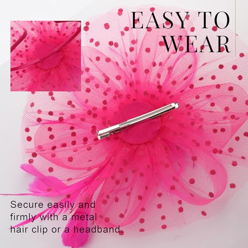 Image of DRESHOW Fascinators Hat Flower Mesh Ribbons Feathers on a Headband and a Clip Tea Party Headwear for Girls and Women