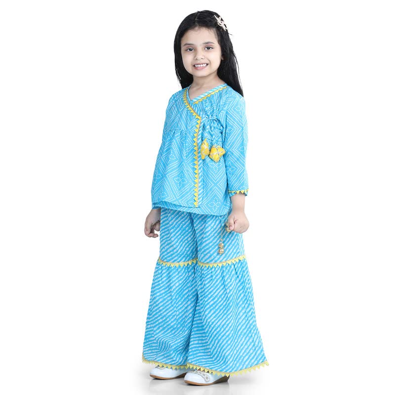 Image of BownBee Girls Cotton Kurti and Sharara Suit Set Round Neck, Angrakha Traditional Ethnic Dress, Front Open Kurta For Girl Kids, Suitable for All Festivals & Casual Wear