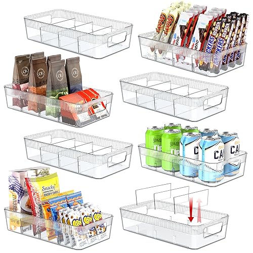 Image of 8 Pack Food Storage Organizer Bins, Clear Pantry Organization and Storage Bins with Removable Dividers, Plastic Pantry Organizer Refrigerator Organizer Bins for Kitchen, Cabinet, Snacks, Teabags