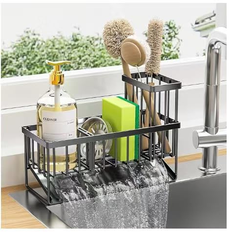 Sponge Holder for Kitchen Sink, Stainless Steel Rustproof Sink Caddy with Brush Holder Self-draining for Bathroom and Kitchen - Black