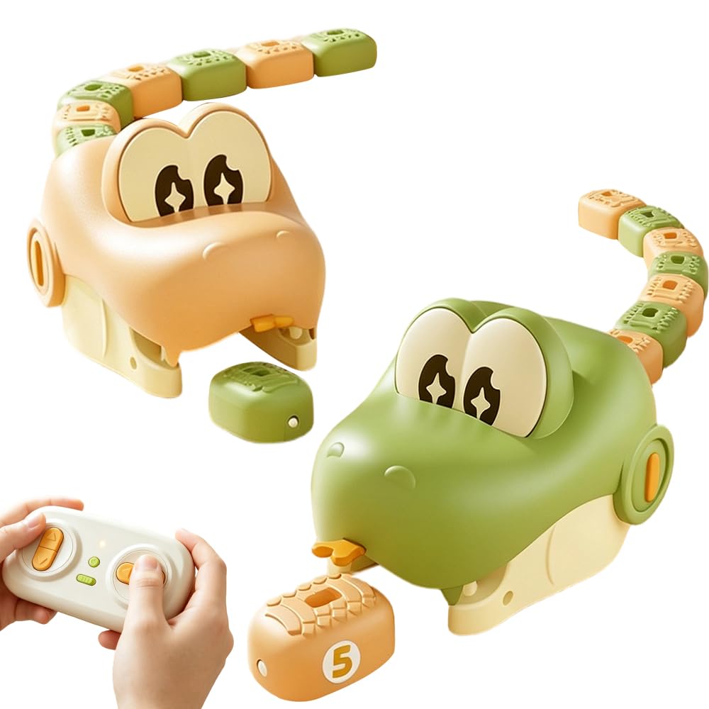 JOAASU 2 Pack Remote Control Snake Game with 16 Pcs Car Blocks, Magnetic Greedy Snake Toy Eating Itself with Lights & Sounds, Rechargeable, 2-Player Competitive Family Game