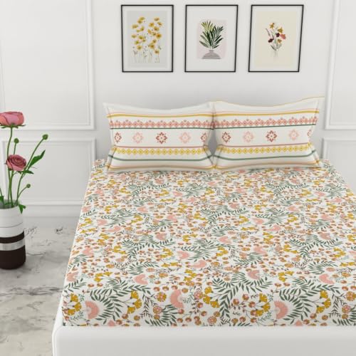 Image of LORETO - A QUALITY LINEN BRAND 144 TC 100% Pure Cotton King Size Fitted Bedsheet with 2 Pillow Covers for 72 x 72 Inch Mattress, All-Around Elastic, 8 Inch Deep Pocket, Ditsy Fresh Floral