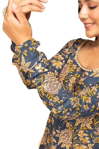 Image of FIORRA Women's Navy Blue Cotton A-line Kurta with Pant and Dupatta