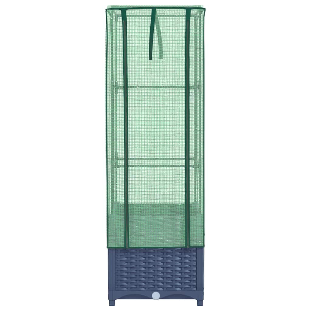 Bancal alto con accesorio para invernadero, aspecto de ratán, color gris azulado, 40 x 40 x 139 cm, tubo de hierro estable, marco resistente al agua, accesorio para jardín, balcón, terraza
