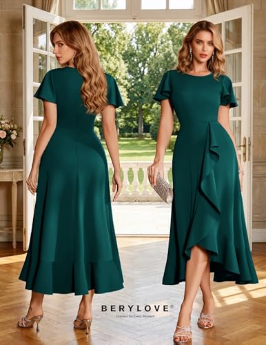 Image of BeryLove Women Formal Party Dress Flutter Short Sleeve Wedding Cocktail Long Evening Dress
