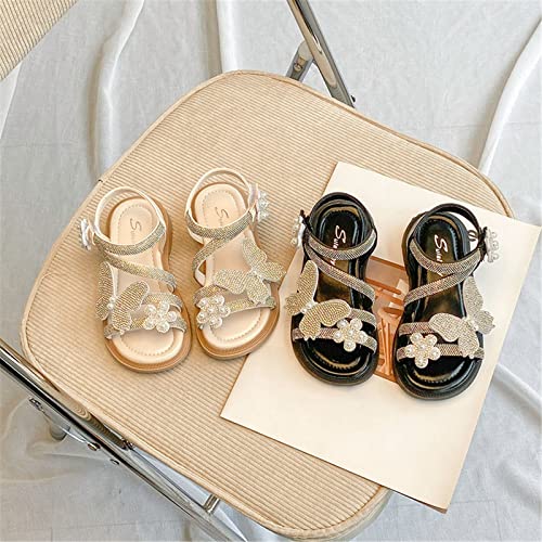 Girls Sandals Leather Rhinestones Bow Flower Soft Open Toe Flat Princess Dress Shoes(Toddler/Little Kid/Big Kids) (Black, 9.5 Little Child)2