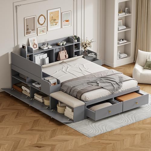 Cama combinada de madera maciza, 140 x 200 cm, cama de matrimonio con espacio de almacenamiento, cama de tatami, cabecero con compartimento de almacenamiento integrado, con cajones, mesita de noche