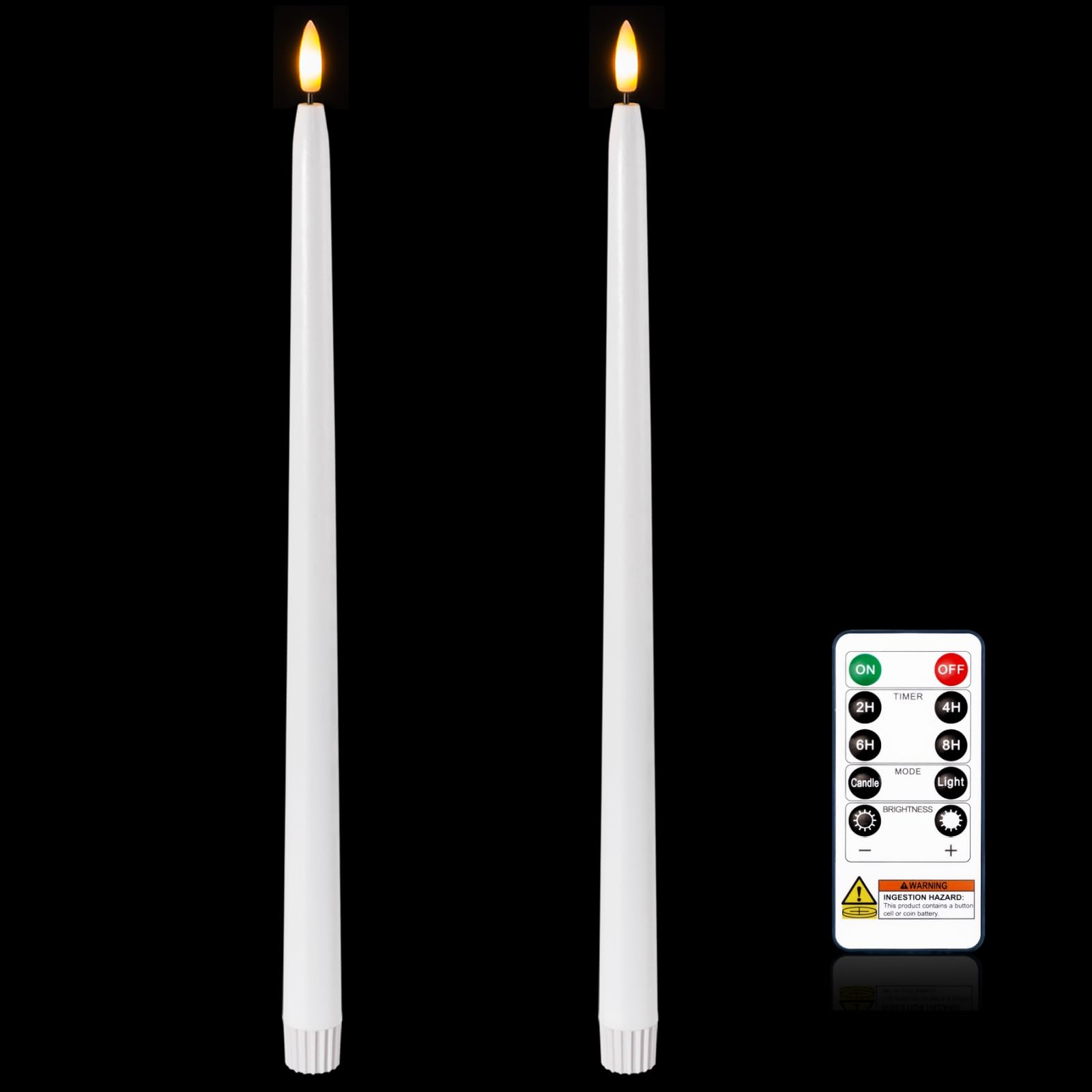 Homemory 15 inches Real Wax Flameless Taper Candles with Remote Timer, 2 Pcs White LED Taper Candles Battery Operated with 3D Flickering Flame, Window Candle Led Candlesticks for Dinners Home Decor