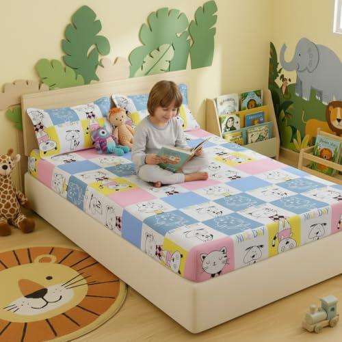 Image of Filymore Kids Elastic Fitted Double Bedsheet with 2 Pillow Covers | Cute Cat Design Bed Sheet for Kids Room | Pink & Blue | 240 TC Soft Microfiber Bedding Set | 72x72 Inches Fits Up to 6 Inch Mattress