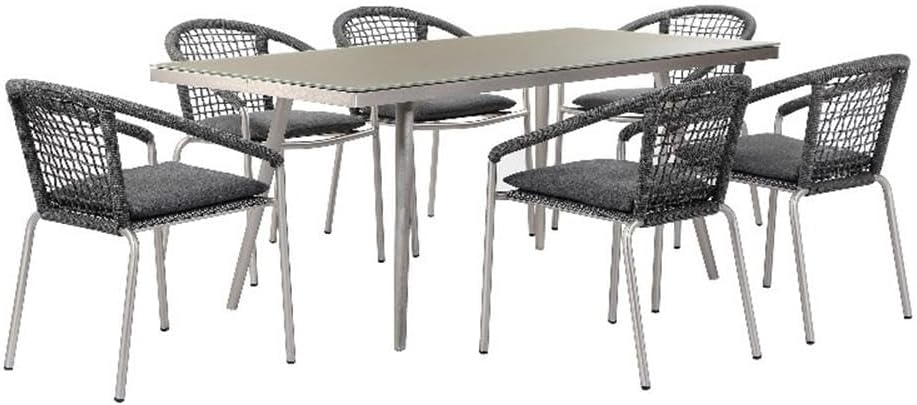 Pemberly Row 7 Piece Outdoor Dining Set, Woven Rope Chairs and Rectangular Table, Slate Gray Finish, Anodized Aluminum Frames, Fade-Resistant Cushions, Stackable Chairs, Patio or Backyard Dining