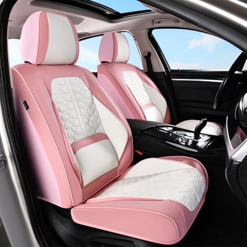 Huidasource Leather Seat Covers Front Seat, Pink & White Car Seat Covers Universal Fit for Most Cars SUV Trucks, Waterproof Automotive Car Seat Cushion Cover Protector with Lumbar Support by Huidasource - Used condition - US$78.99