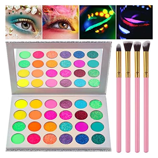 Kalolary Professionell makeup Ögonskugga palett, Blacklight Ljusstarkt pigmenterad ögonskuggpall Silky Rainbow Bright Eye Shadow Make-up Palettes Med 4st rosa pensel