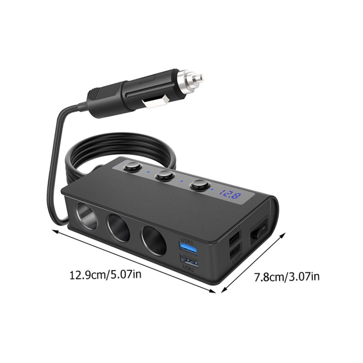POPETPOP Cargador de Coche 180 W, 4 Puertos USB y 3 Tomas de Encendedor, Monitor de Voltaje, para Coche y Luces USB, Negro