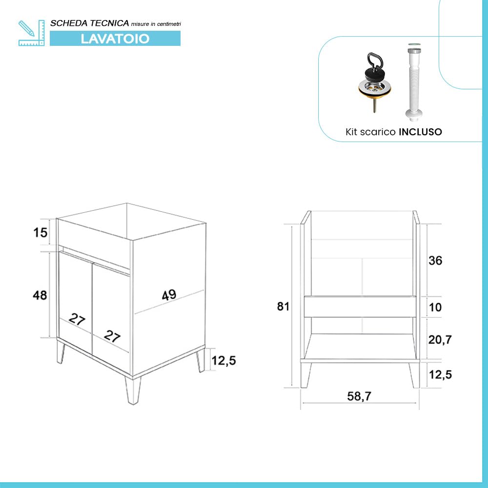 Mobile Lavatoio 60x50 Cm Bianco Lucido Way Con Vasca In Ceramica Dolomite, Struttura Già Montata In Legno Nobilitato Con 2 Ante E Apertura A Gola Asse Non Inclusa