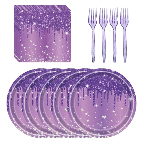 LYFREE 72 Pcs Purple Glitter Paper Plates 7in Disposable Paper Dessert Plates Napkins and Forks Party Tableware Set Happy Birthday Table Decorations for 24 Guests Purple Birthday Wedding Theme Party