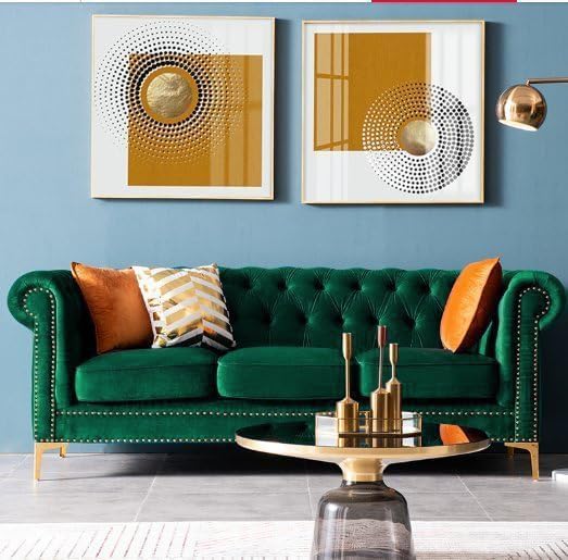 Image of A to Z Furniture Modern Classic Fabric & Valvet Tufted Chesterfield Sofa Living Room and Office (Green)