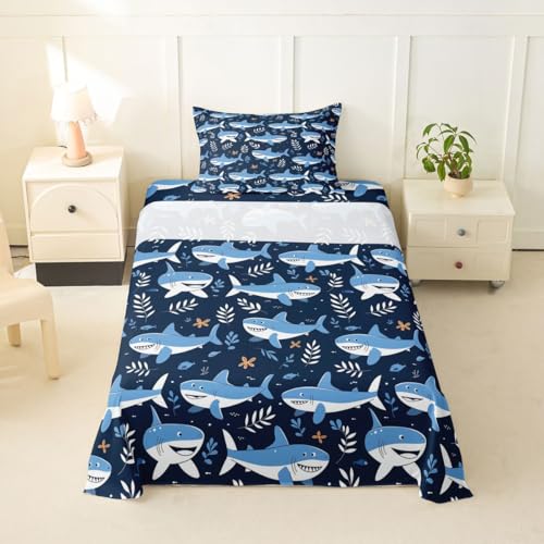 Image of jejeloiu Shark Bed Sheets Set Twin Size Ocean Decor Deep Pocket Fitted Sheet Sea Animal Bedding Sets Marine Life Soft Bed Set 3Pcs with 1 Pillow Cases