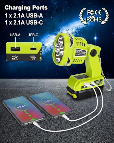 Image of Adisipsoarin Cordless LED Flashlight for Ryobi 18V Battery, 22W LED Work Light with USB-A&USB-C 2.1A Fast Charging Ports for Jobsite, Car Repairing, Camping, Emergency(Battery not Included)
