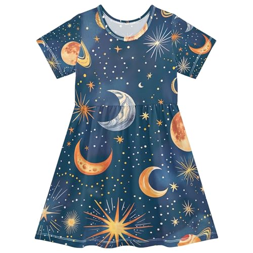Colorful Stars Moons Planets Blue Toddler Dresses for Girls 2t Short Sleeve Easter Spring Dress Little Girl Dress