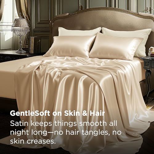 Image of Bedsure Satin Sheets Queen Size, Soft Silky Bedsheets for Hair & Skin | Similar to Silk Bed Sheets Set 4 Piece with 15 Inches Deep Pocket Fitted Sheet,1 Flat Sheet, 2 Satin Pillowcases