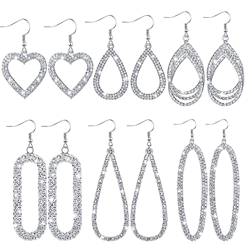 6 Pairs Silver Rhinestone Dangling Earrings for Women Bling Teardrop Dangle Earrings Sets Boho Fashion Jewelry for Women Wedding Prom Party Birthday