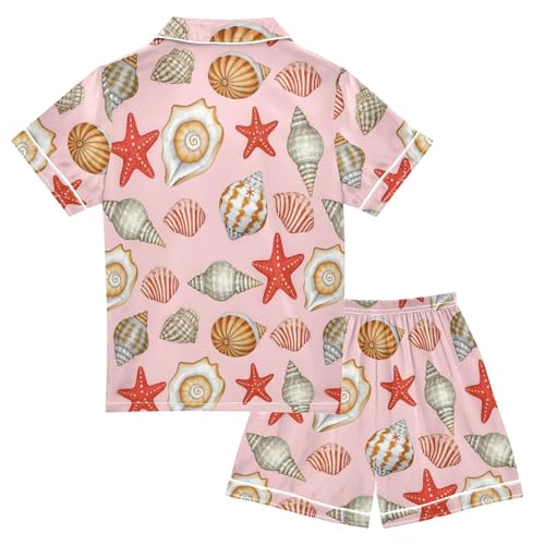 ALAZA Conch Starfish Seashell Satin Pajamas Set Short Sleeve Button Down Sleepwear Summer Pjs 2 Piece2