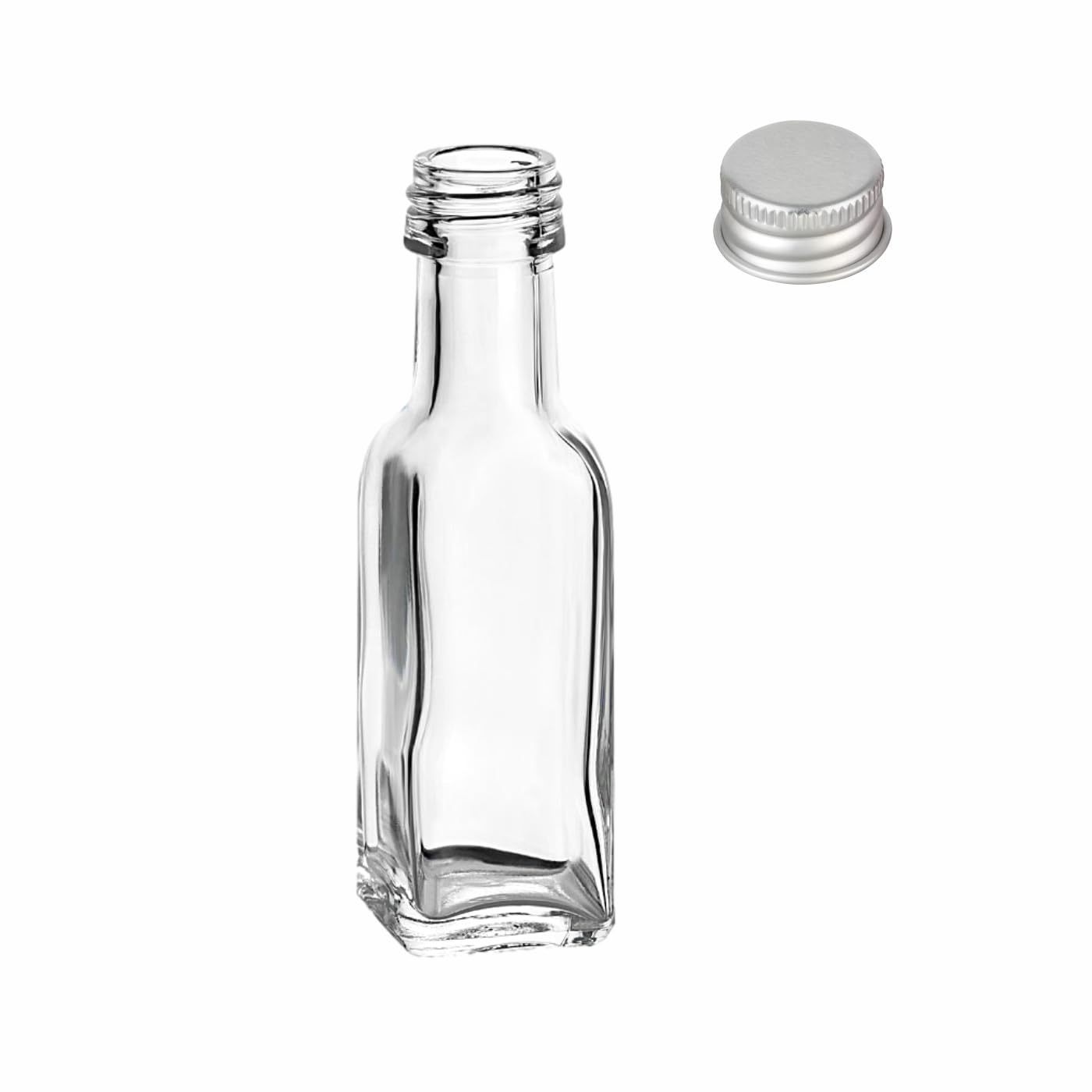 gouveo Lot de 60 bouteilles en verre Maraska de 20 ml avec bouchon à vis argenté - mini bouteille de 0,02 l à remplir - bouteilles en verre pour liqueur, liqueur, huile ou pour l'artisanat (MFET020S)