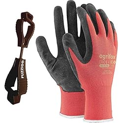 Guantes De Trabajo Engomados FUZZIO 24 pares de guantes de trabajo recubiertos y porta clip para guantes (L - 9, Rojo)