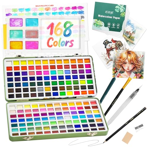 Kebuye Watercolour Paint Set 168 Colour - Watercolor Paints for Painting with Brush Palette watercolours Paper Travel Water Colour Paints in Portable Box Idea for Kids Artist Adults Beginners Art Set