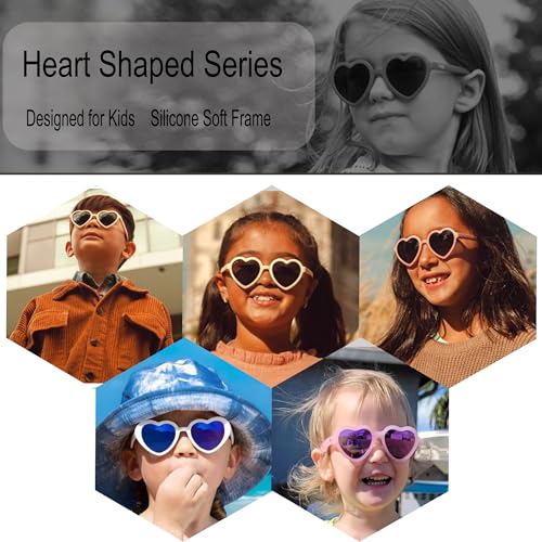Kursan Kids Heart Shaped Polarized Sunglasses for Girls Boys, Flexible TPEE Rubber Frame Suitable for Children Age 3-83