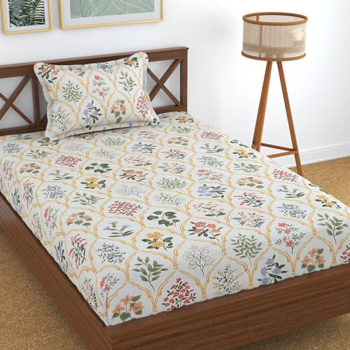 Image of KAWI Glace Cotton Single Bedsheet with Elastic Fitted-200TC (72 inchX 48 inch) Soft Cotton Blend with 1 Pillow Cover White Colour
