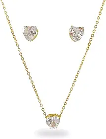 Conjunto Colar e Brinco Coração Ponto de Luz Zircônia Banhado a Ouro 18k – Semijoia Feminina Delicada para Presente