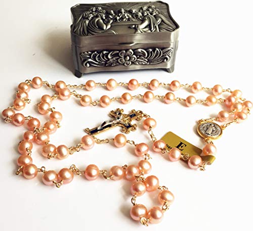 elegantmedical Pink 8mm Real Pearl BEADS St. Benedict ROSARY CROSS Necklace & box Catholic GIFTS2
