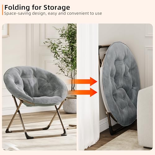 GAOMON Saucer Chair, Comfy Chair Faux Fur Lounge Moon Chair with Folding Metal Frame, Oversized Plush Flower Accent Seat for Adults, Teens & Kids, for Teens, Bedroom, Dorm or Living Room, Grey
