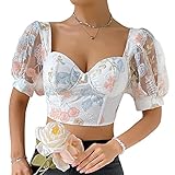 Puffy Sleeve Tops for Women Floral Embroidered Bustier Crop Tops Sweetheart Neckline Corset Top