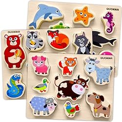 QUOKKA Wooden Puzzles for Toddlers 1-3 – 3xSET Toddler Puzzles Ages 2-4 – Montessori Animal Chunky Puzzle for Kids 3-5 – Wood Learning Toy for Boy and Girl – FSC Certified Wood