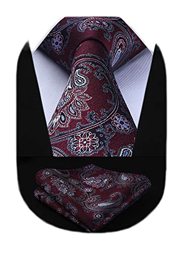 Image of HISDERN Extra Long Ties for Men Classic Floral Tie and Pocket Square Elegant Silk Necktie Handkerchief Set Wedding Party