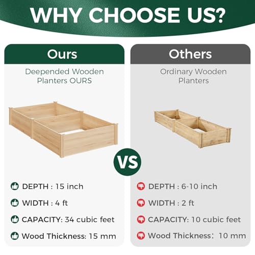 Image of Raised Garden Bed for Outdoor, 8x4 Ft Wood Garden Bed with 15 Inch Depth for Flowers /Vegetables /Herbs in Backyard Patio Outdoor, Open Base Bottom Planter Box