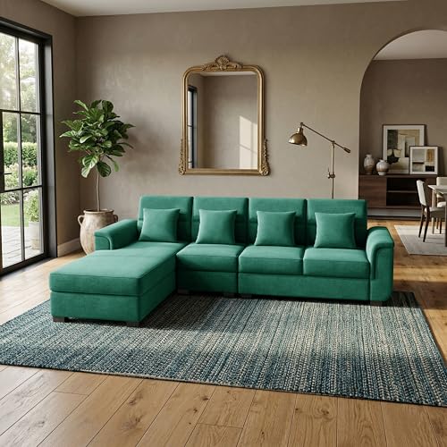 Image of Wood 6 Seater Sofa Set | Velvet Fabric Upholstery | Modern Wooden Frame Sectional Couch with Cushions for Living Room, Home & Office (Green)