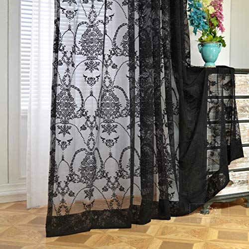 HUALEMEI Dentelle Noire Fenêtre Rideaux,Brodé Tulle Décoration De Partition Voilage,Semi Sheer Voile Fleur Rideaux pour Living Room (Largeur X Hauteur) Noir 100x270cm(39x106inch)