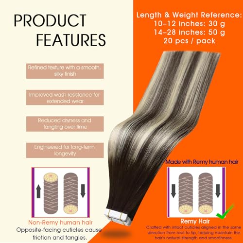 Image of Full Shine Balayage Hair Extensions Real Human Hair Tape ins Color 2 Brown Ombre 60 Blonde Highlight 2 Brown 16Inch Double Sided Tape Extensions Remy 50Gram Seamless Skin Weft 20Pcs for Wedding