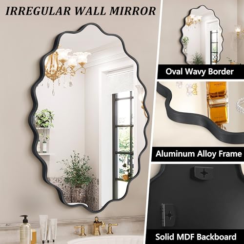 Image of Oval Wavy Wall Mirror -Irregular Wall Mirror with Black Asymmetrical Aluminum Alloy Frame,24 inchx36 inch Decorative Wall Mirrors for Bathroom, Bedroom, Living Room, Dining Room，Entryway