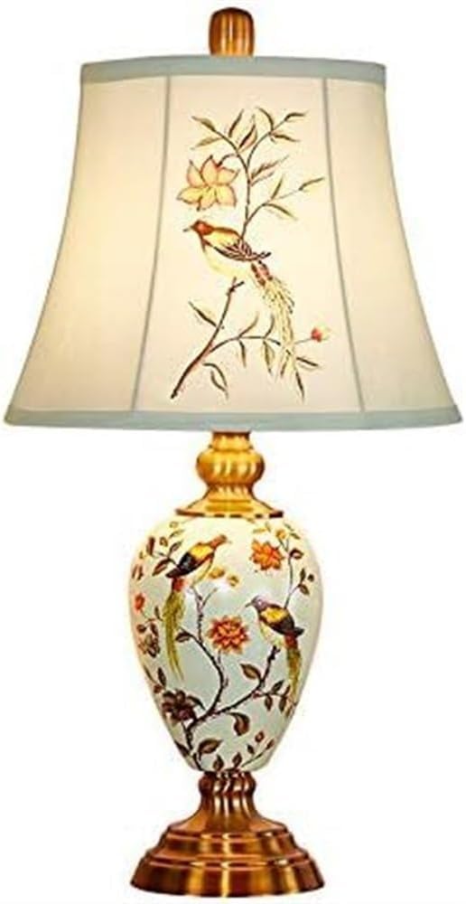 55CM Large Table Lamp Hand-Painted Porcelain Ceramic Desk Lamp with Cloth Matching Shade Oriental Chinese Ceramic Bedside Lighting